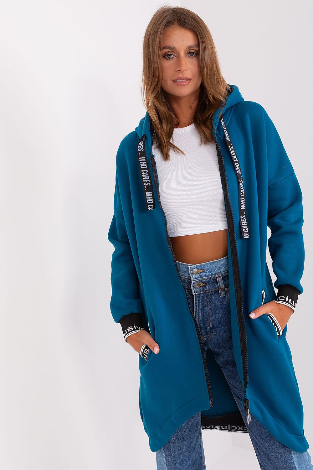 Damen Sweater Mantel mit Kapuze blau von Relevance 