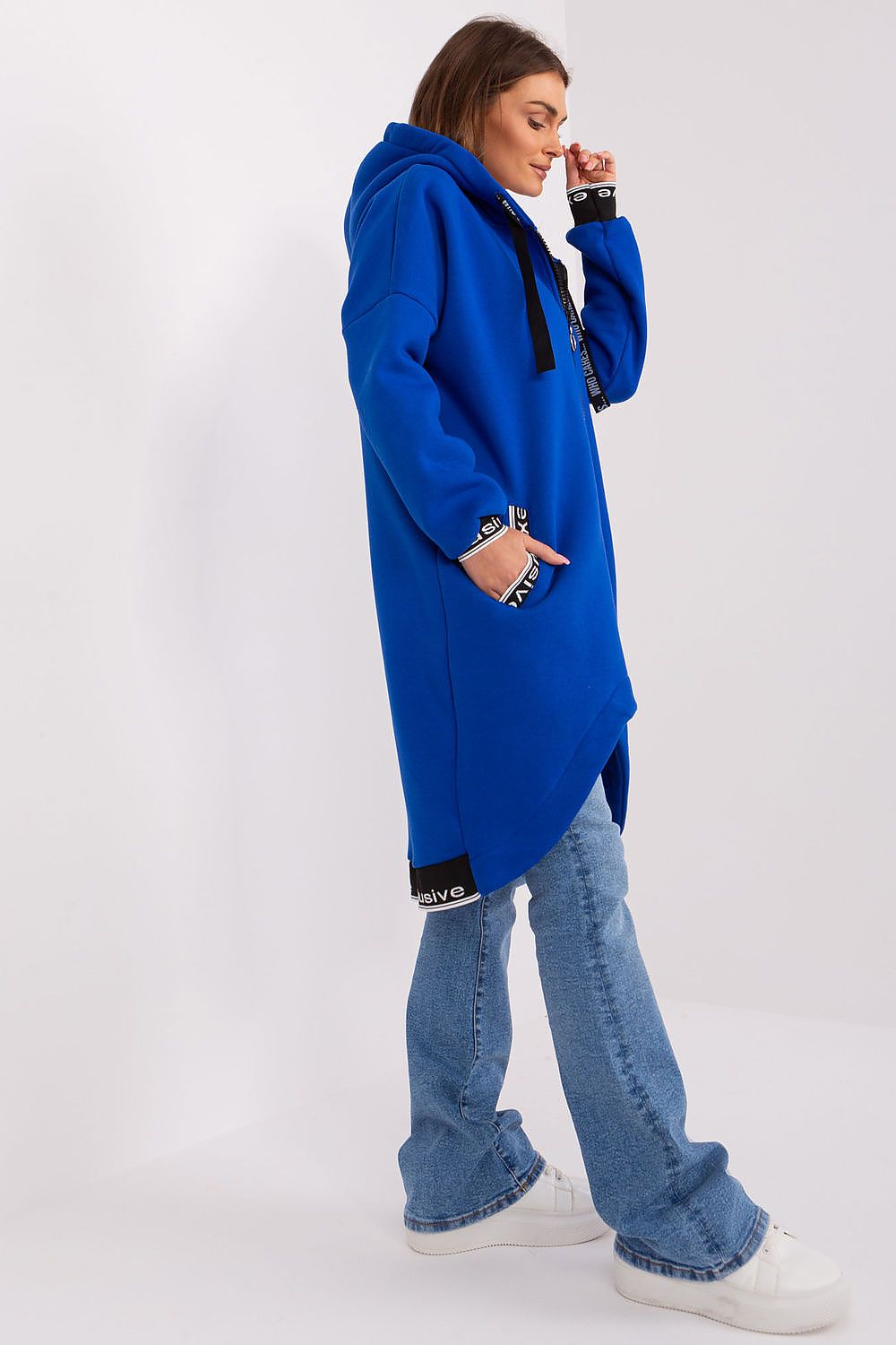 Damen Sweater Mantel mit Kapuze dunkelblau Seitenansicht von Relevance 