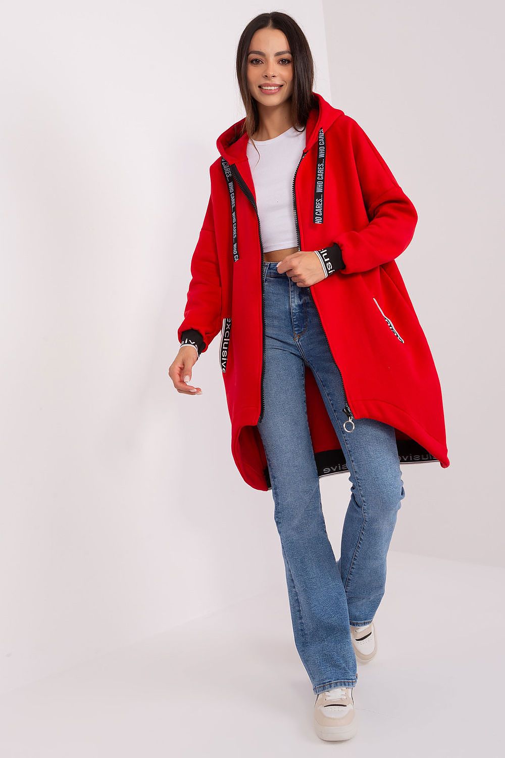 Damen Sweater Mantel mit Kapuze rot von Relevance
