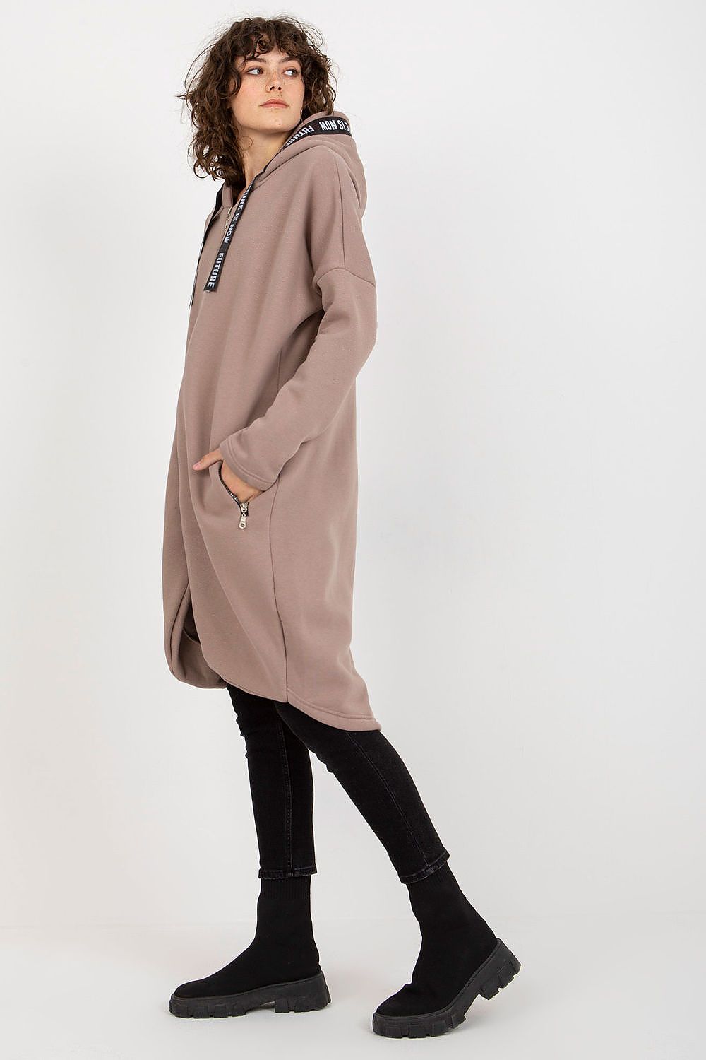 Damen Sweater Mantel mit Kapuze von Relevance Seitenansicht beige
