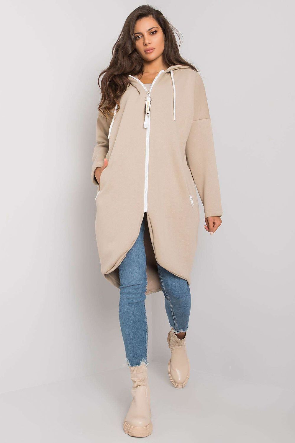Damen Sweater Mantel mit Kapuze von Relevance beige Vorderseite