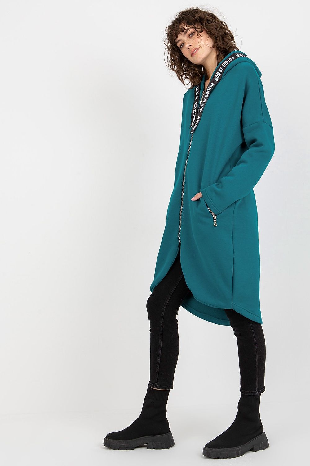 Damen Sweater Mantel mit Kapuze von Relevance türkisgrün Seitenansicht
