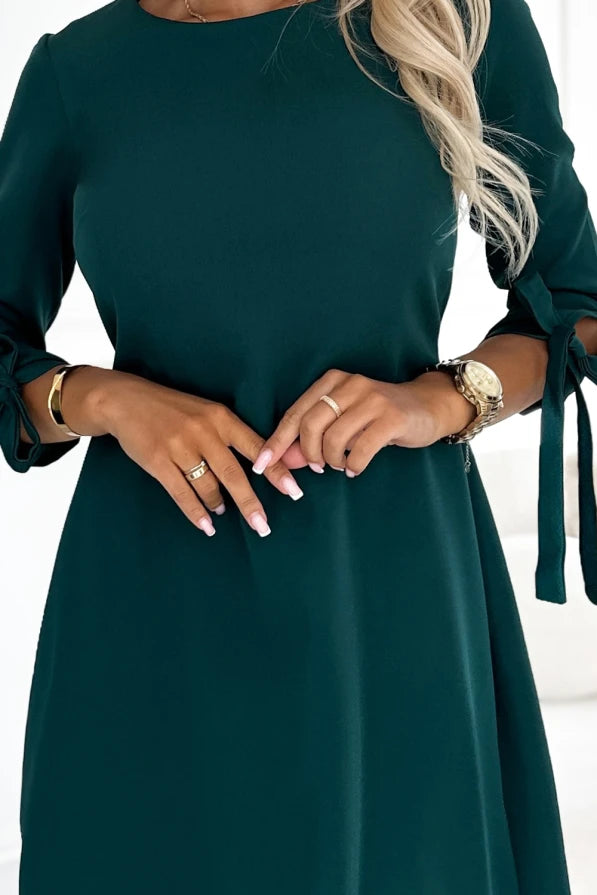 Damen Swing-Kleid Ausgestellt, Schleifen-Ärmel & Taillenband von Numoco grün Detail Ansicht