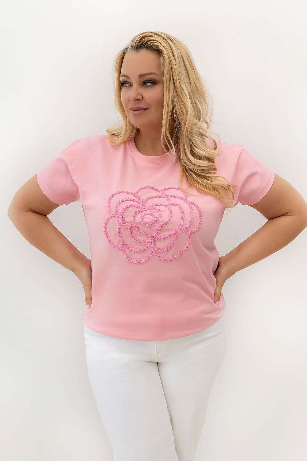 Damen T-Shirt Plus Size Blumen-Stickerei, Rundhals & Baumwolle rosa Relevance Vorderansicht