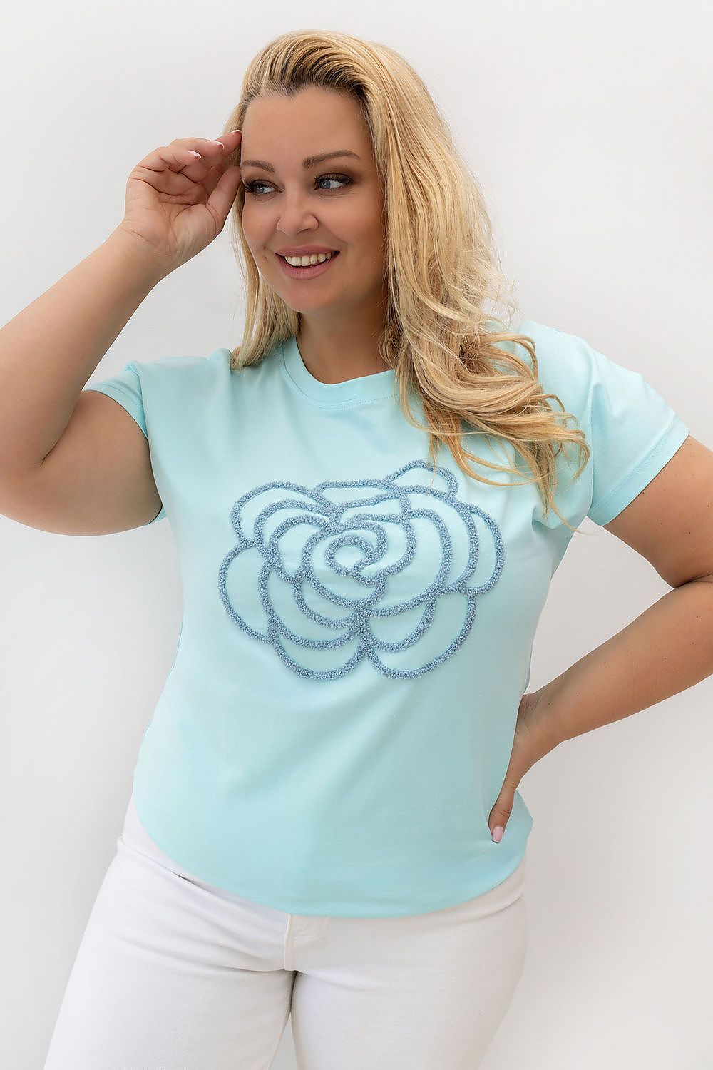 Damen T-Shirt Plus Size Blumen-Stickerei, Rundhals & Baumwolle türkis Relevance Detail Ausschnitt