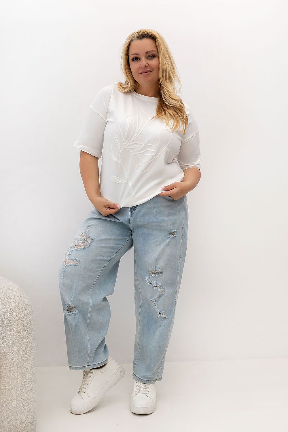 Damen T-Shirt Plus Size Rundhals, Stickerei & Baumwolle ecru Relevance Vorderseite