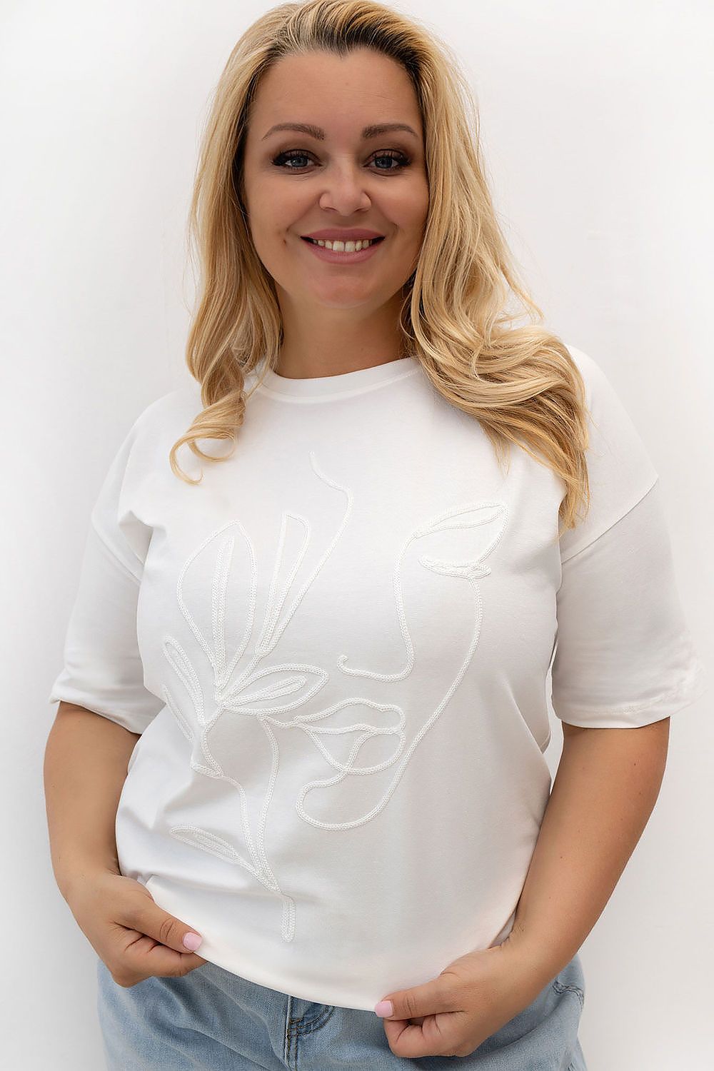 Damen T-Shirt Plus Size Rundhals, Stickerei & Baumwolle ecru Relevance ecru Vorderansicht