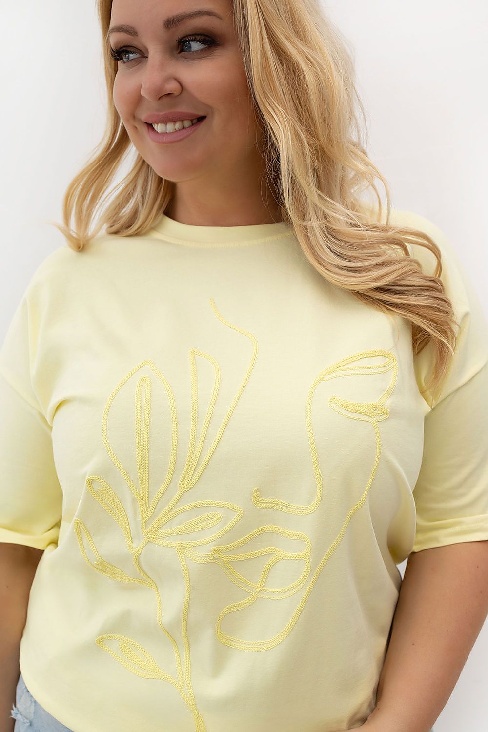 Damen T-Shirt Plus Size Rundhals, Stickerei & Baumwolle gelb Relevance Detail Ausschnitt