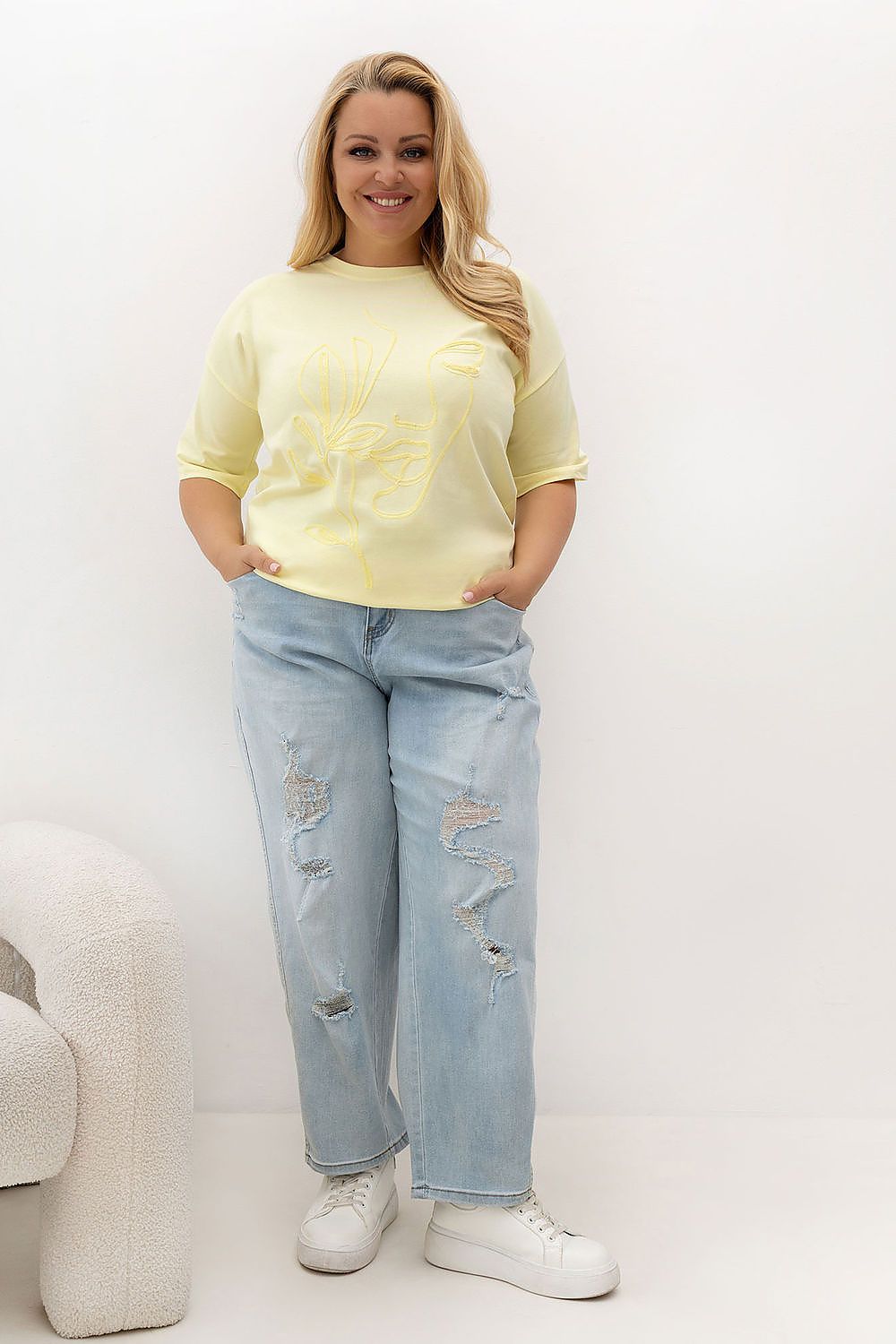 Damen T-Shirt Plus Size Rundhals, Stickerei & Baumwolle gelb Relevance Outfit Inspo.