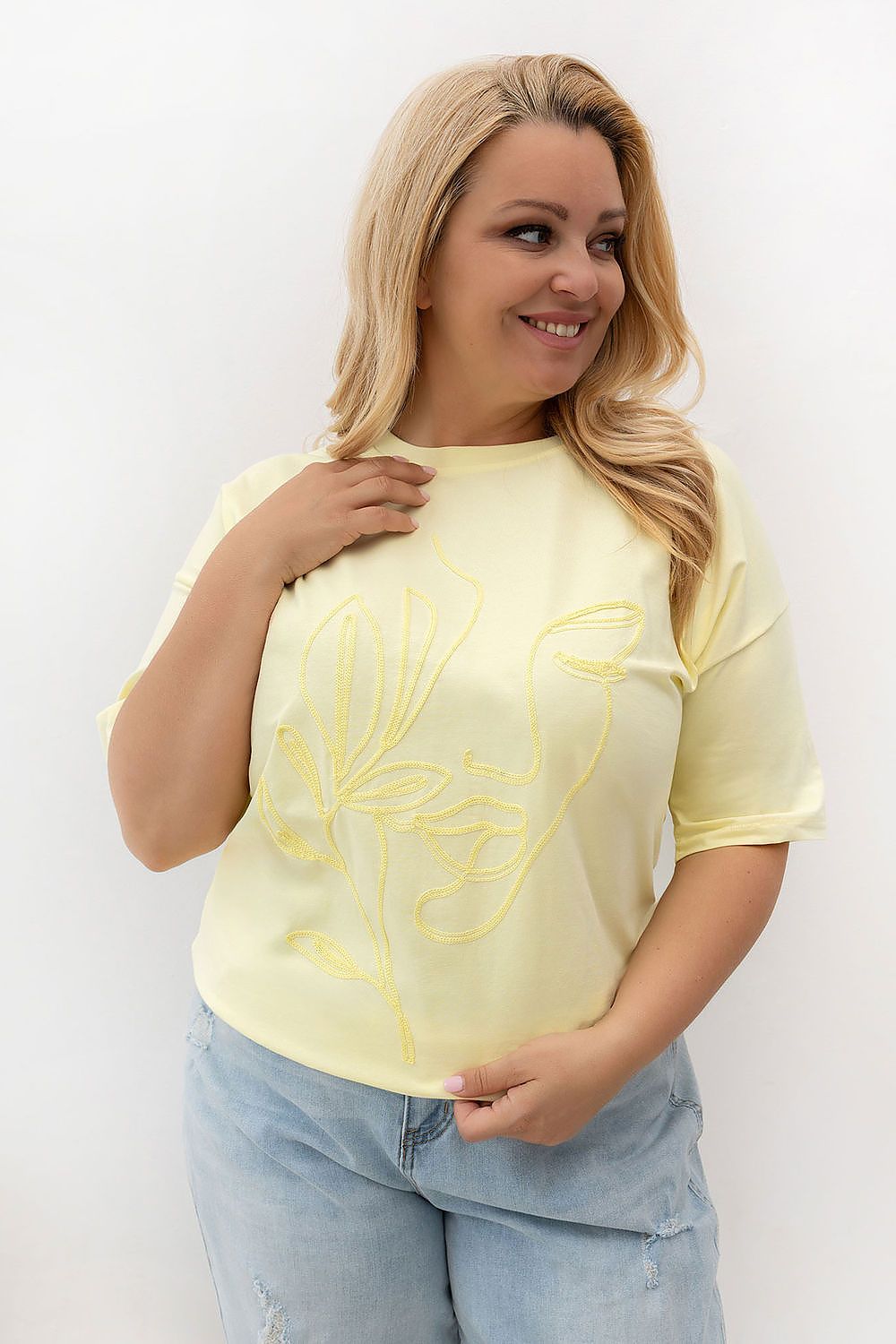 Damen T-Shirt Plus Size Rundhals, Stickerei & Baumwolle gelb Relevance Vorderansicht