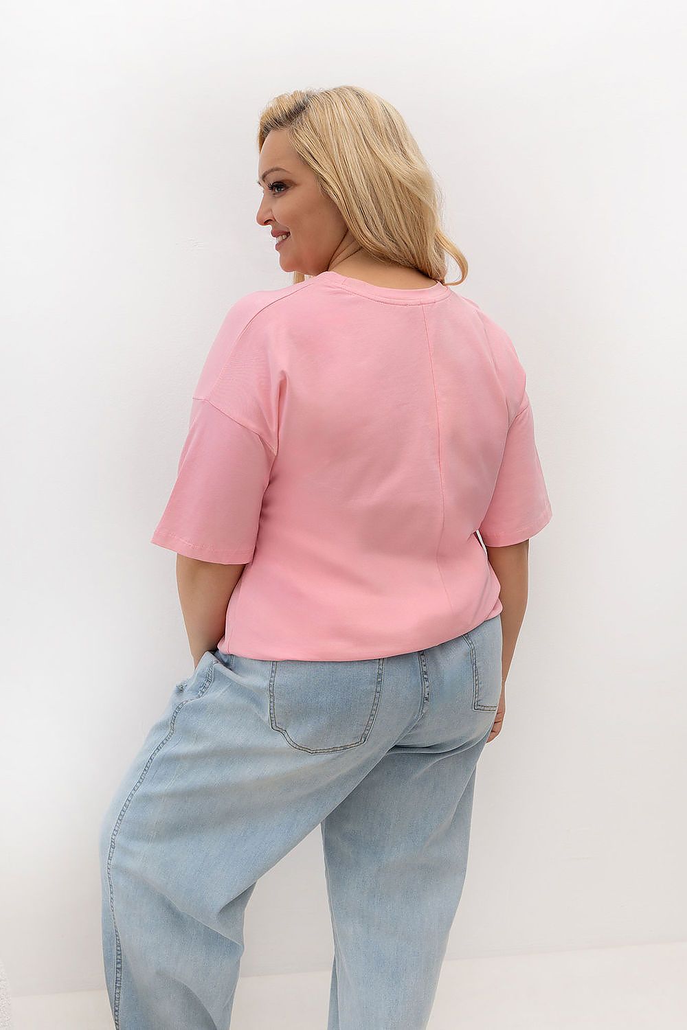 Damen T-Shirt Plus Size Rundhals, Stickerei & Baumwolle rosa Relevance Rückenansicht