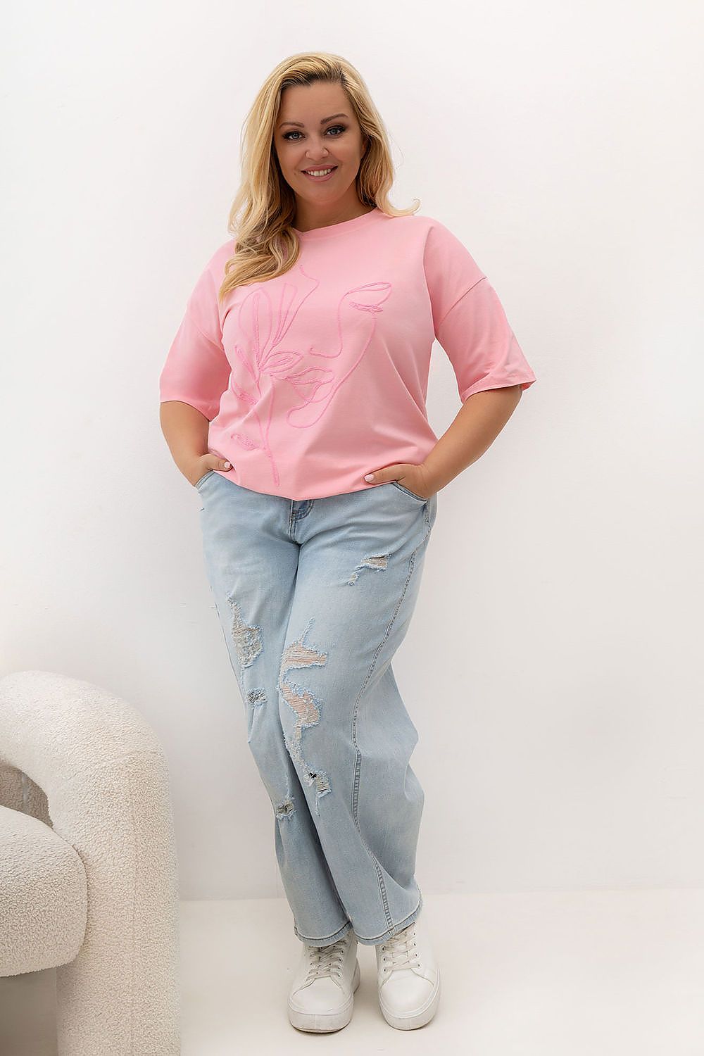 Damen T-Shirt Plus Size Rundhals, Stickerei & Baumwolle rosa Relevance Vorderseite