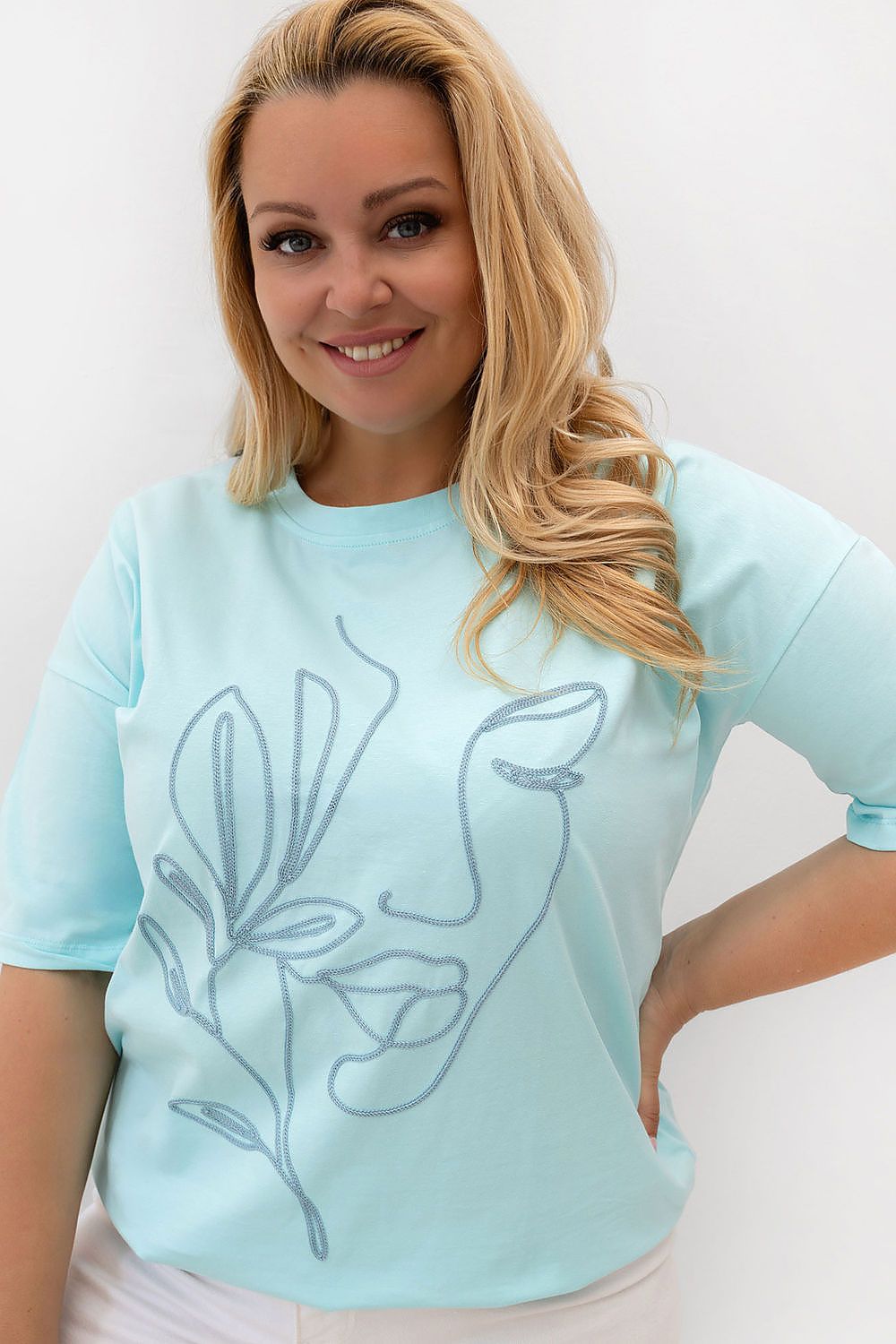 Damen T-Shirt Plus Size Rundhals, Stickerei & Baumwolle türkis Relevance Detail Ausschnitt