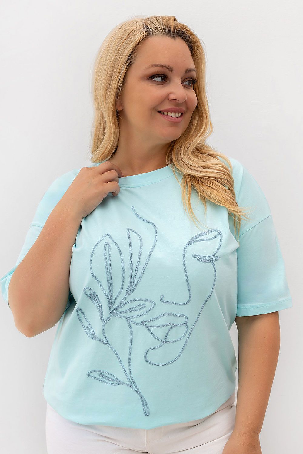Damen T-Shirt Plus Size Rundhals, Stickerei & Baumwolle türkis Relevance Vorderansicht