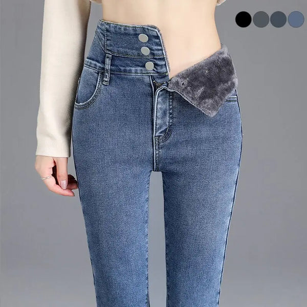 Damen Thermo High Waist Röhrenjeans innen mit Fleece