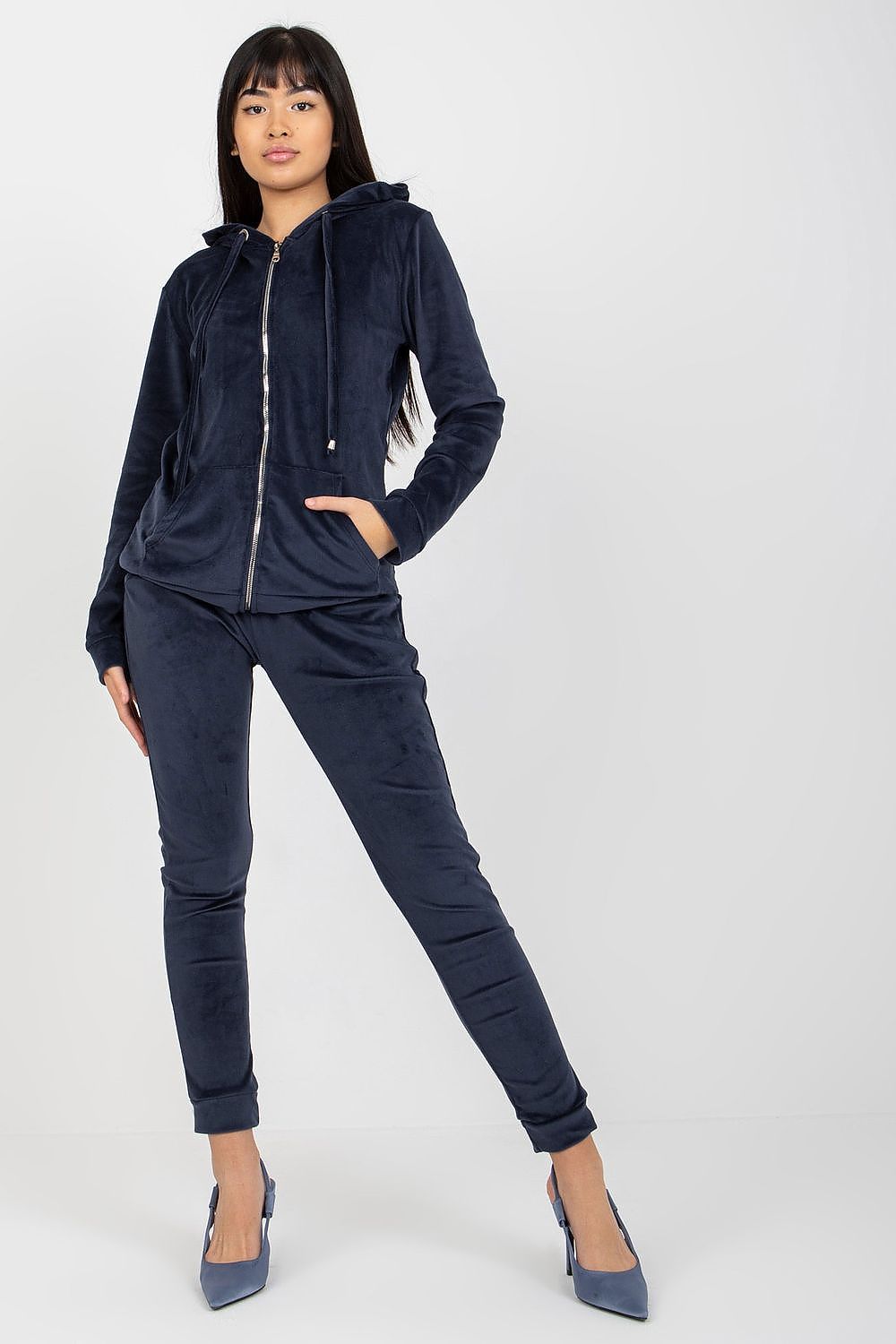 Damen Velour Anzug mit Kapuze Set von Relevance marineblau