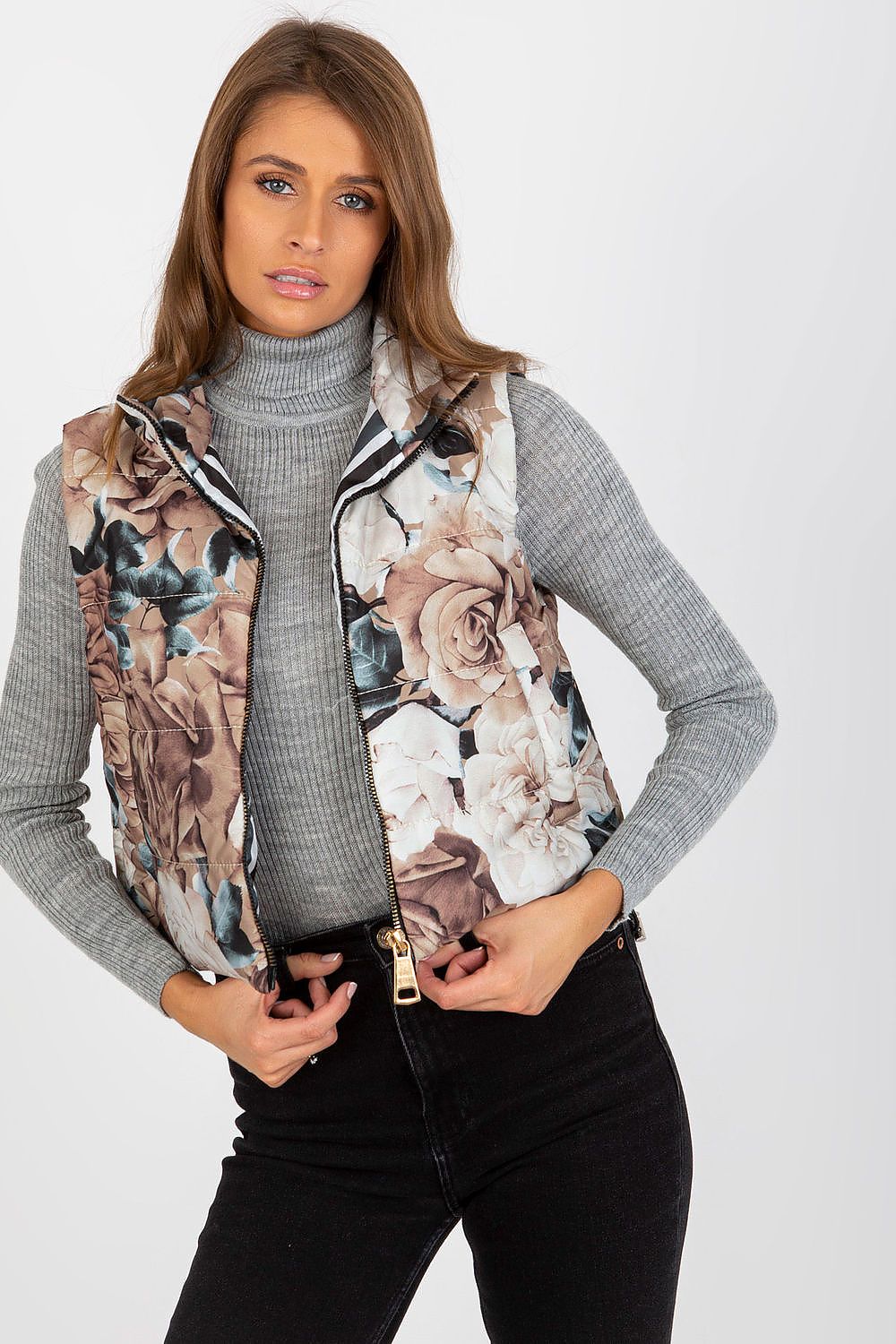 Damen Weste mit Rosen Print von Relevance beige offen