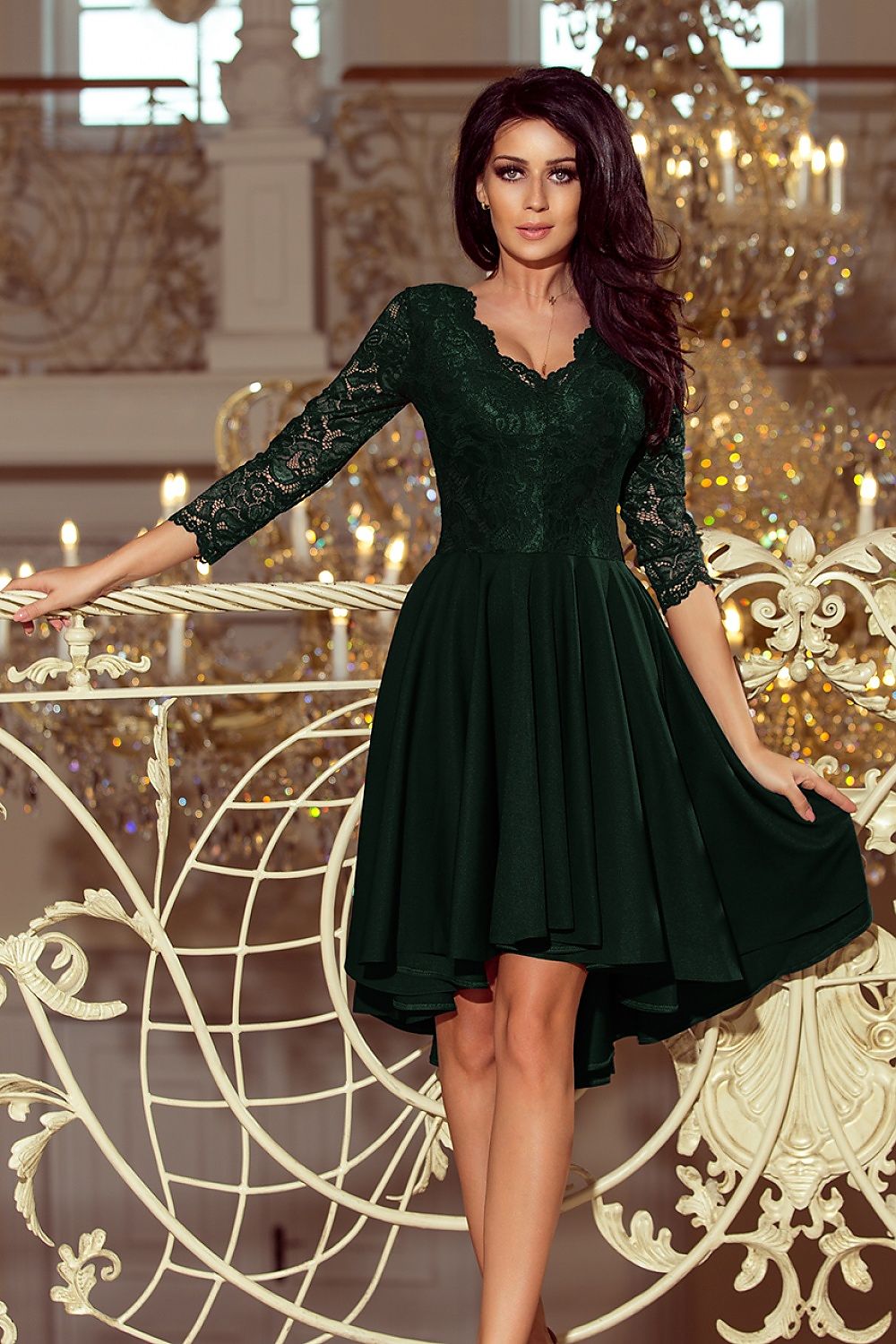 Damen asymetrisches Abendkleid mit Spitze von Numoco dunkelgrün