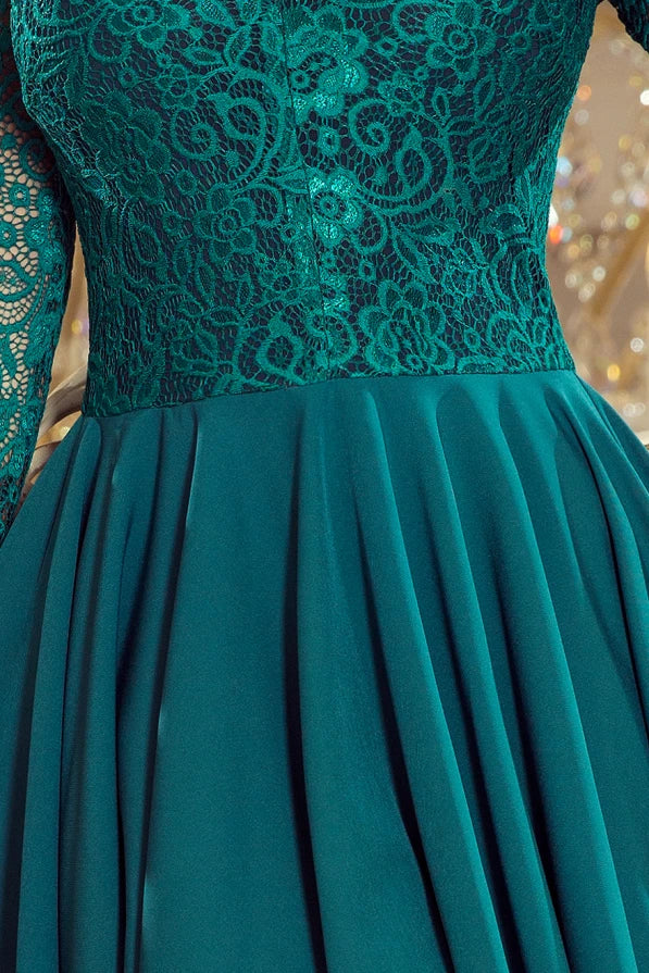 Damen asymetrisches Abendkleid mit Spitze von Numoco grün 2 Ausschnitt