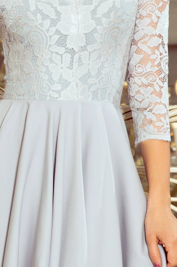 Damen asymetrisches Abendkleid mit Spitze von Numoco grau Ausschnitt
