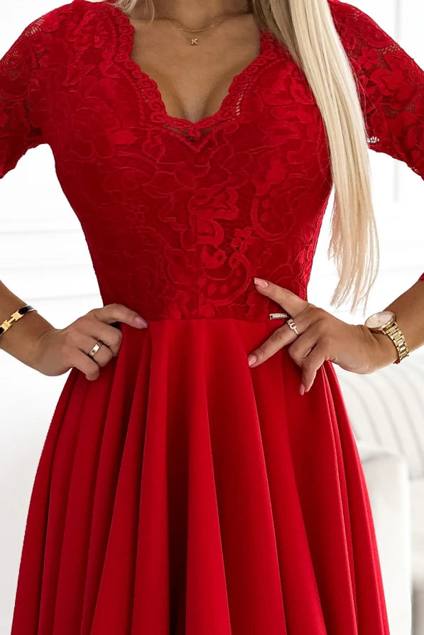 Damen asymetrisches Abendkleid mit Spitze von Numoco rot 2 Ausschnitt