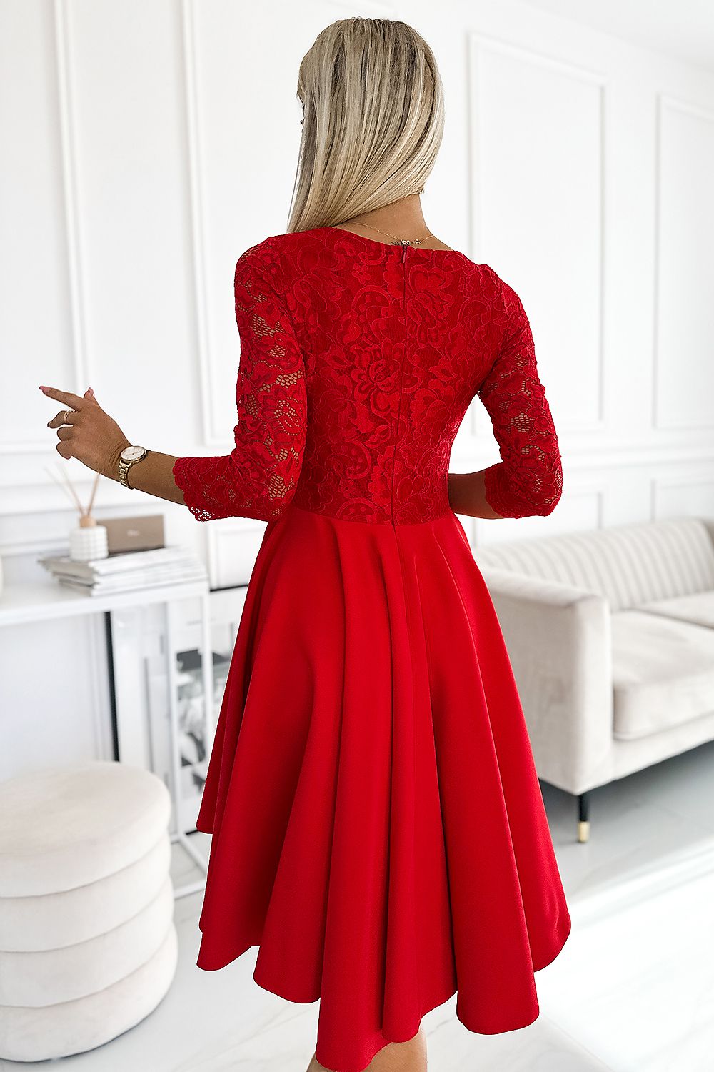 Damen asymetrisches Abendkleid mit Spitze von Numoco rot 2 Rückseite