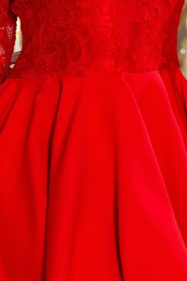 Damen asymetrisches Abendkleid mit Spitze von Numoco rot AUsschnitt