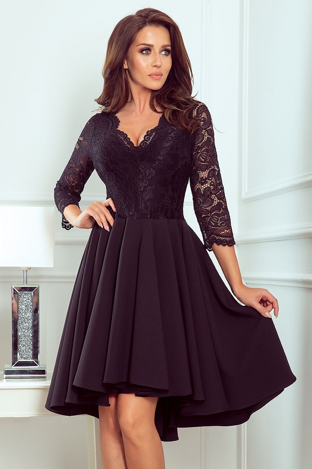 Damen asymetrisches Abendkleid mit Spitze von Numoco schwarz