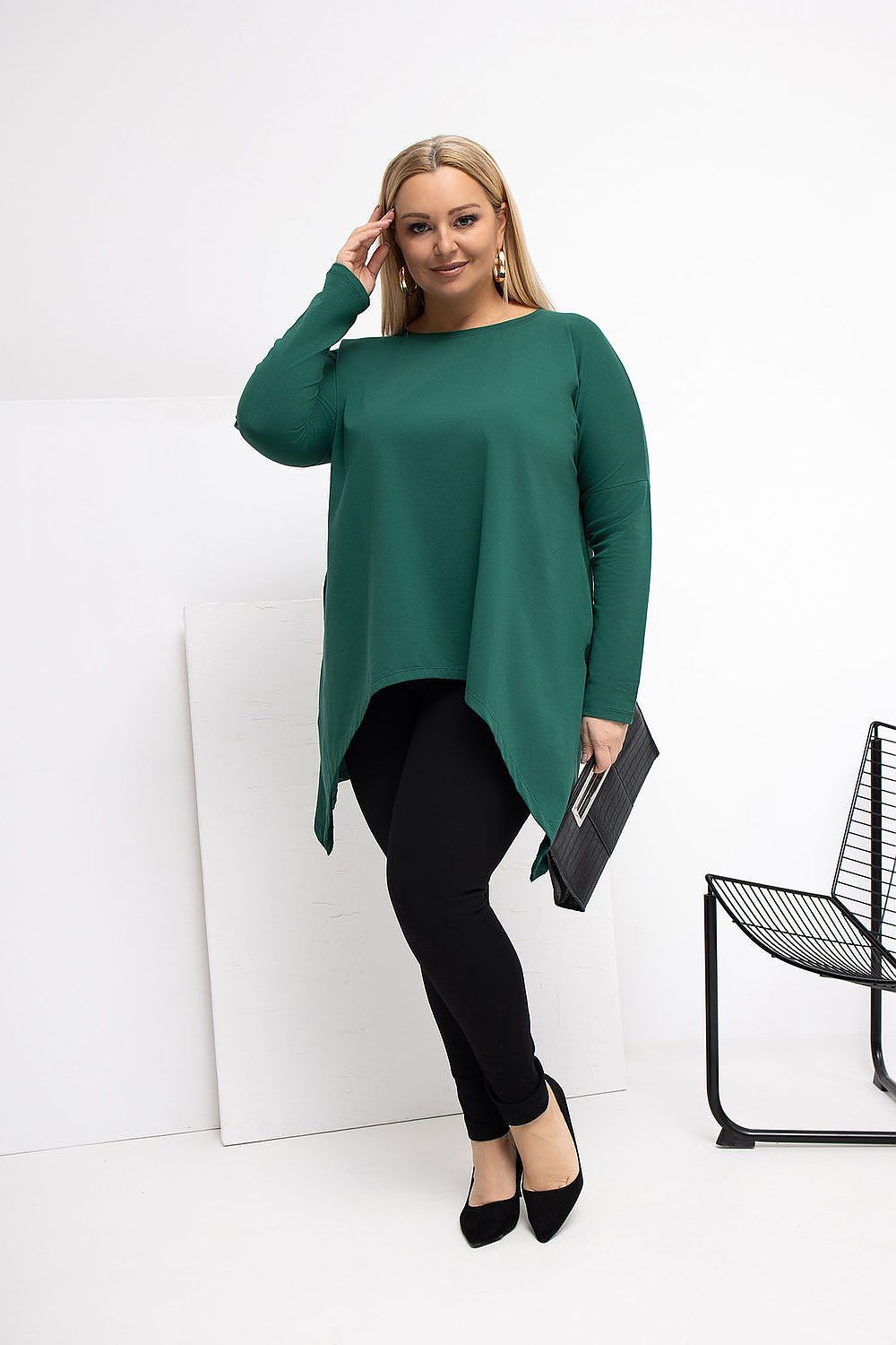 Damen asymmetrische langarm Plus-Size Tunika von Relevance grün Vorderansicht