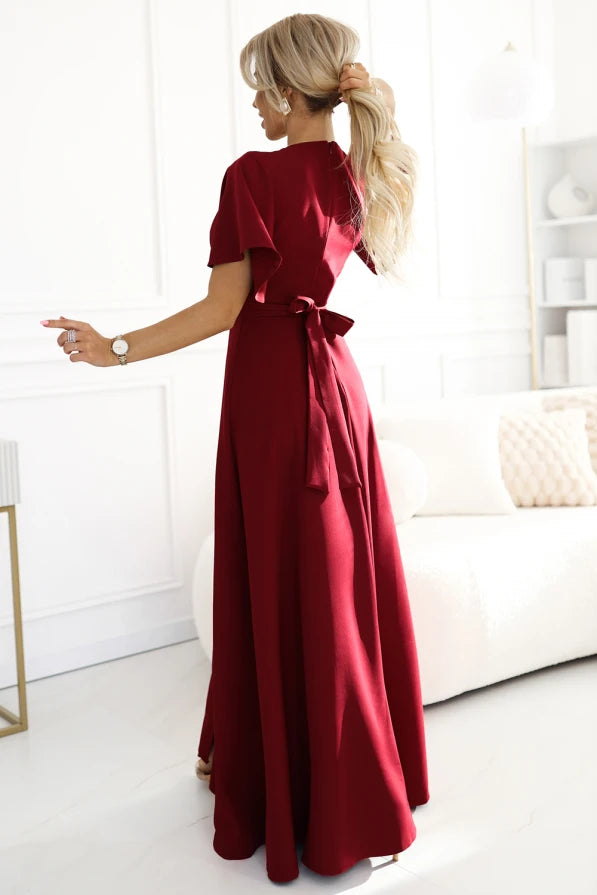 Damen elegantes Maxi-Kleid "Jennifer" von Numoco weinrot Rückseite
