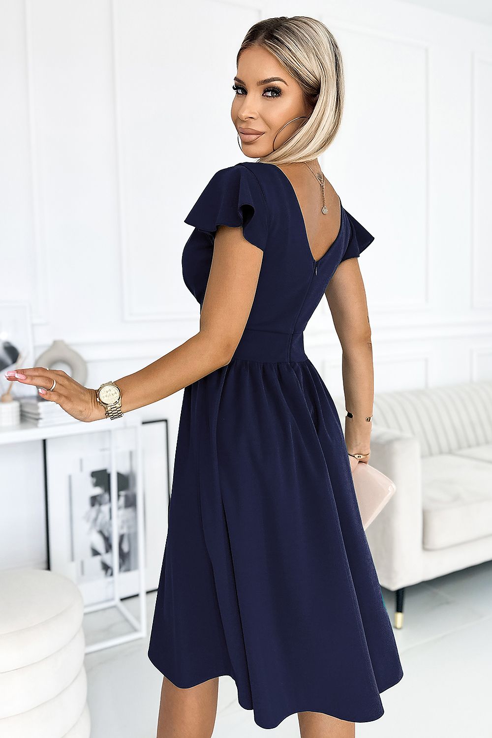 Damen elegantes kurzarm Kleid mit Surplice Ausschnitt von Numoco marineblau Rückseite