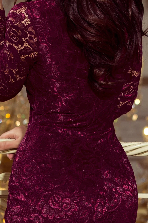 Damen langarm Abendkleid aus Spitze von Numoco burgunder Detail