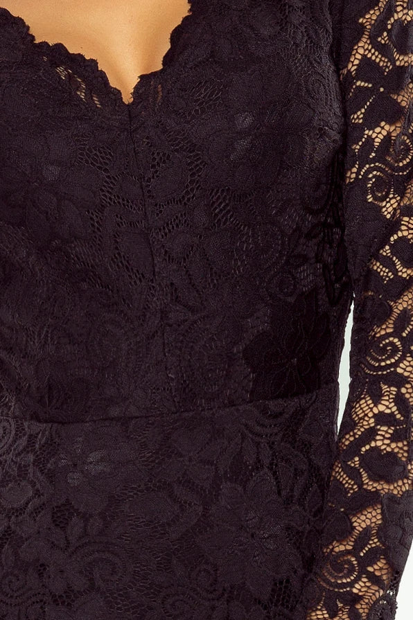 Damen langarm Abendkleid aus Spitze von Numoco schwarz Ausschnitt