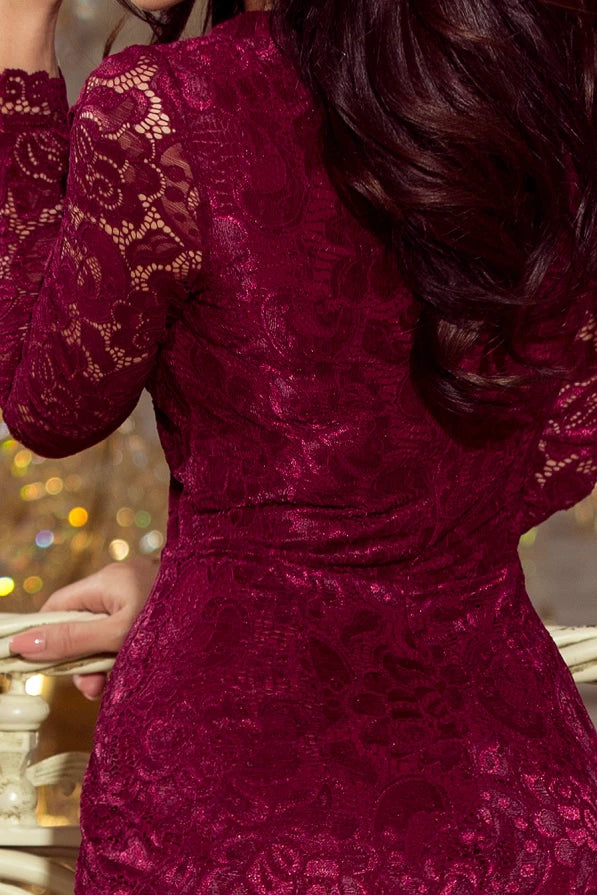 Damen langarm Abendkleid aus Spitze von Numoco weinrot Rückseite