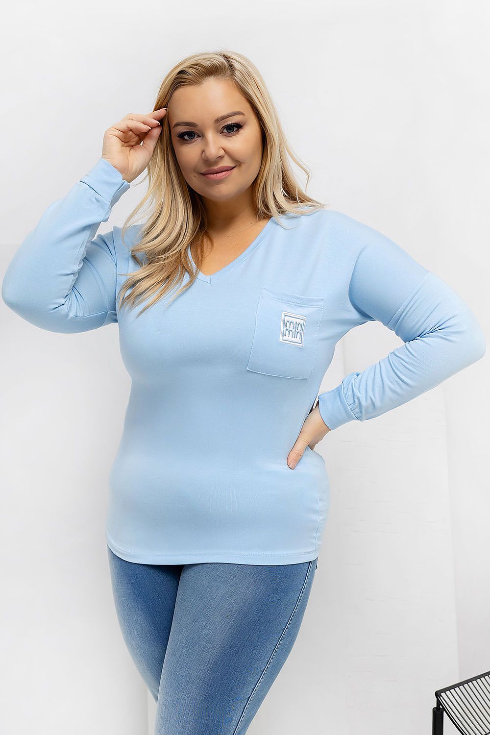 Damen langarm Plus-Size Shirt mit V-Ausschnitt von Relevance blau