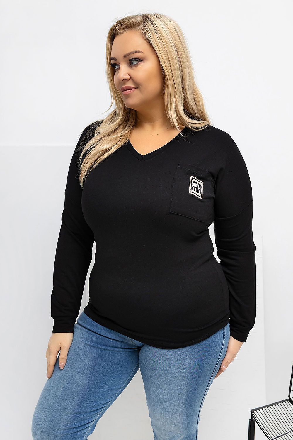 Damen langarm Plus-Size Shirt mit V-Ausschnitt von Relevance schwarz