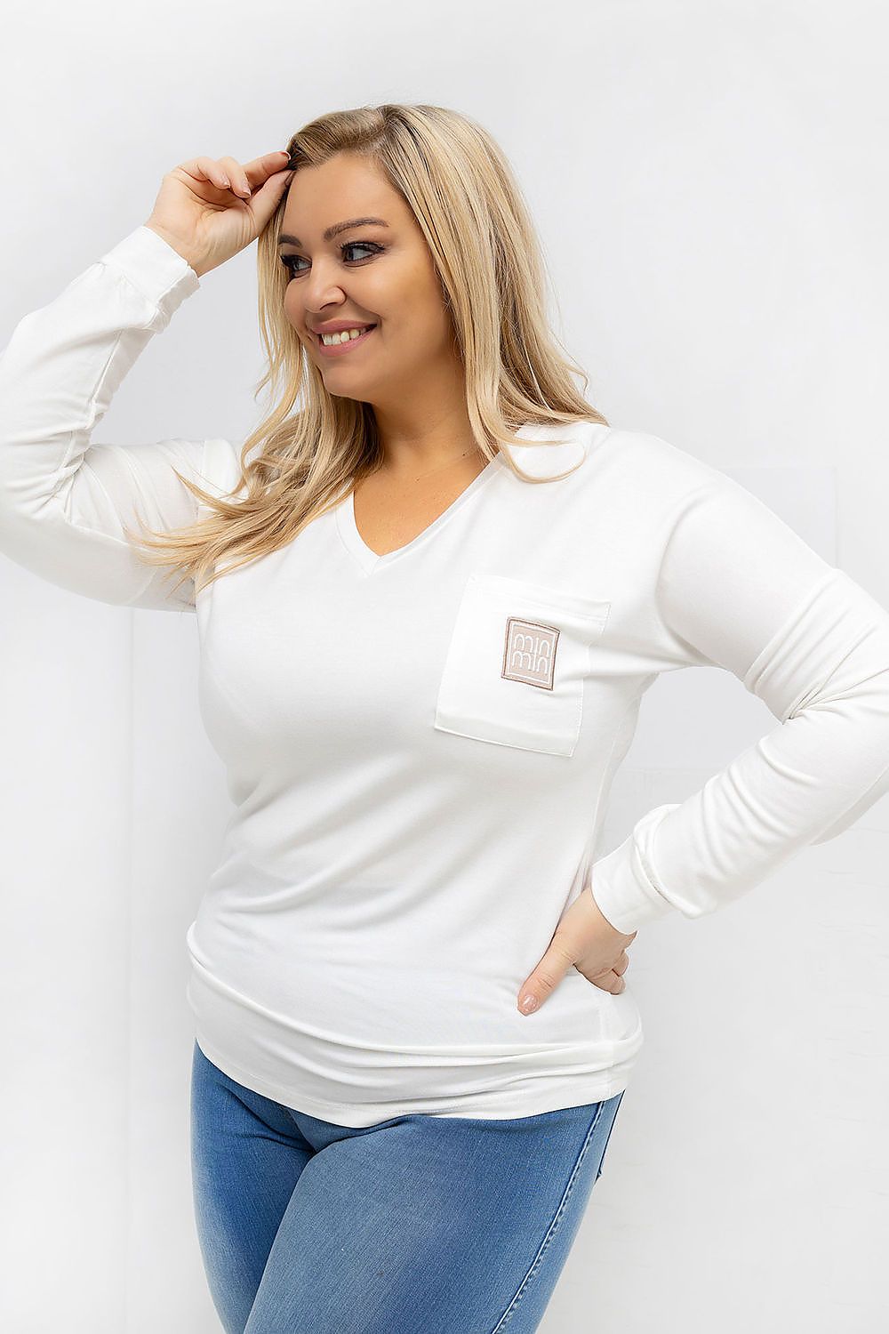 Damen langarm Plus-Size Shirt mit V-Ausschnitt von Relevance weiß