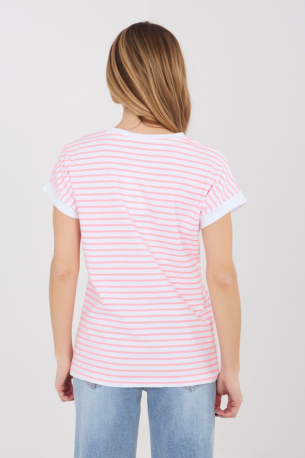 Damen modisches gestreiftes T-Shirt von Relevance rosa Rückseite