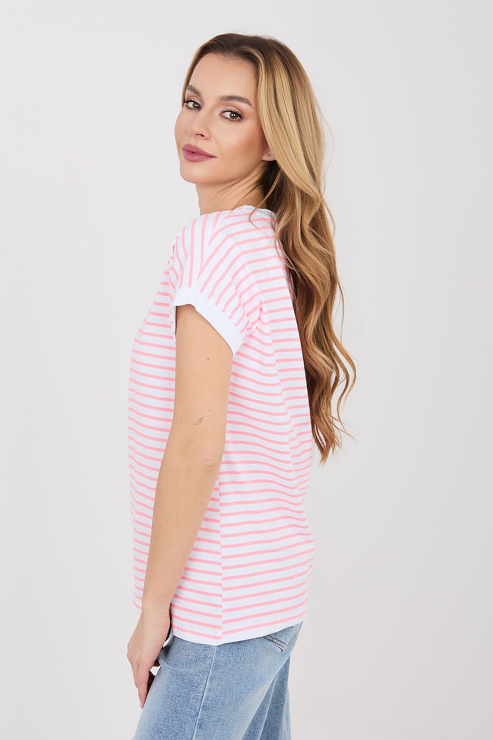 Damen modisches gestreiftes T-Shirt von Relevance rosa Seitenansicht