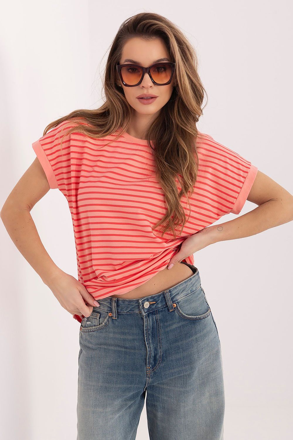 Damen modisches gestreiftes T-Shirt von Relevance rot rosa