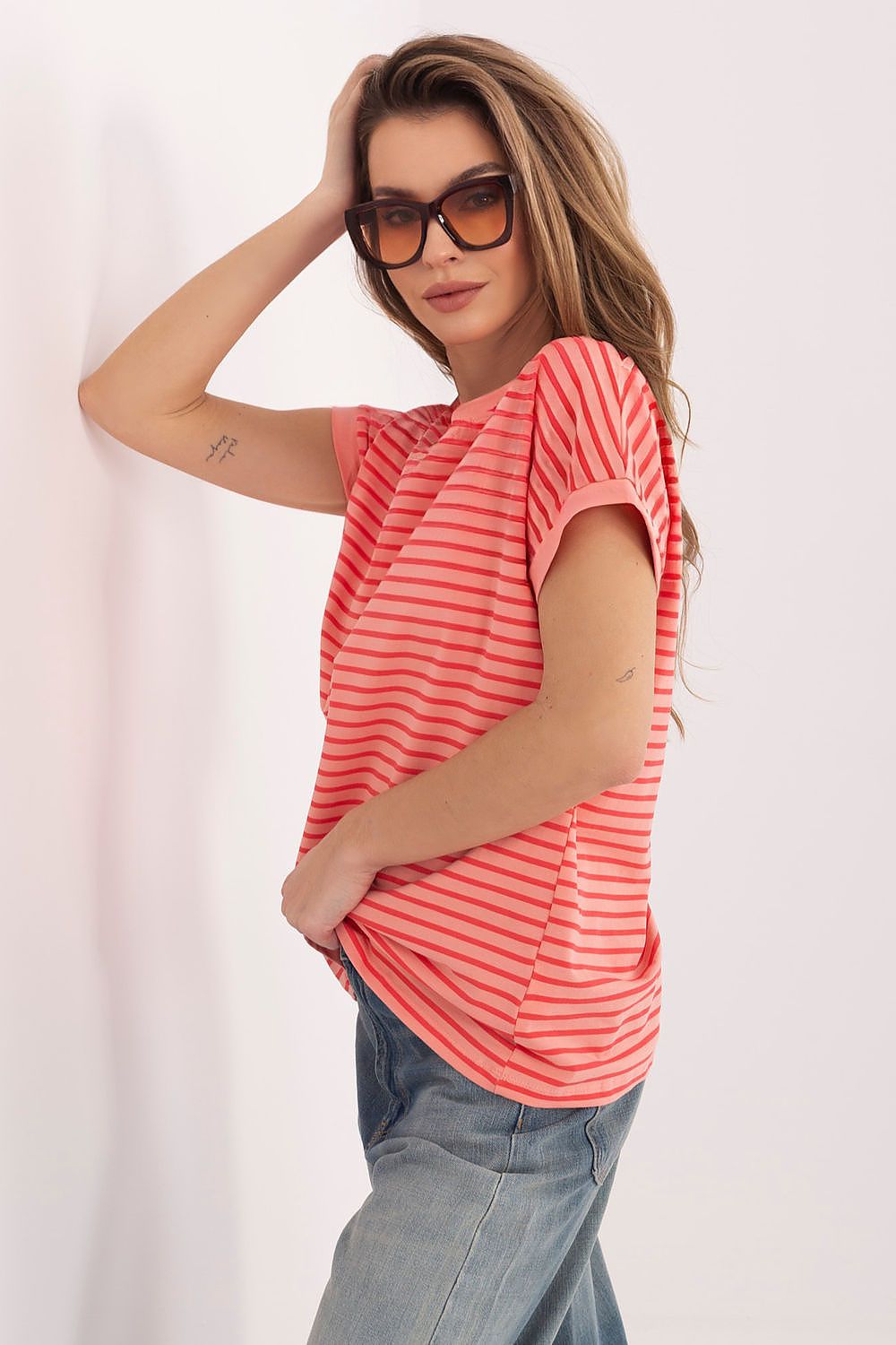 Damen modisches gestreiftes T-Shirt von Relevance rot rosa Seitenansicht