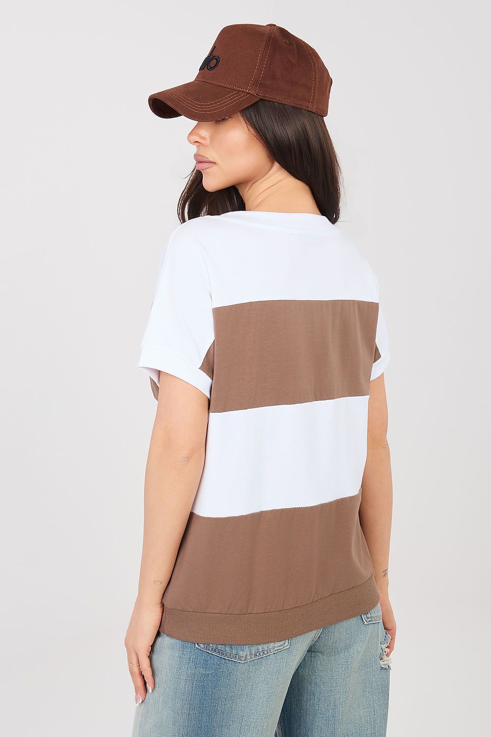 Damen streifen Shirt mit V-Ausschnitt von Relevance braun Rückseite