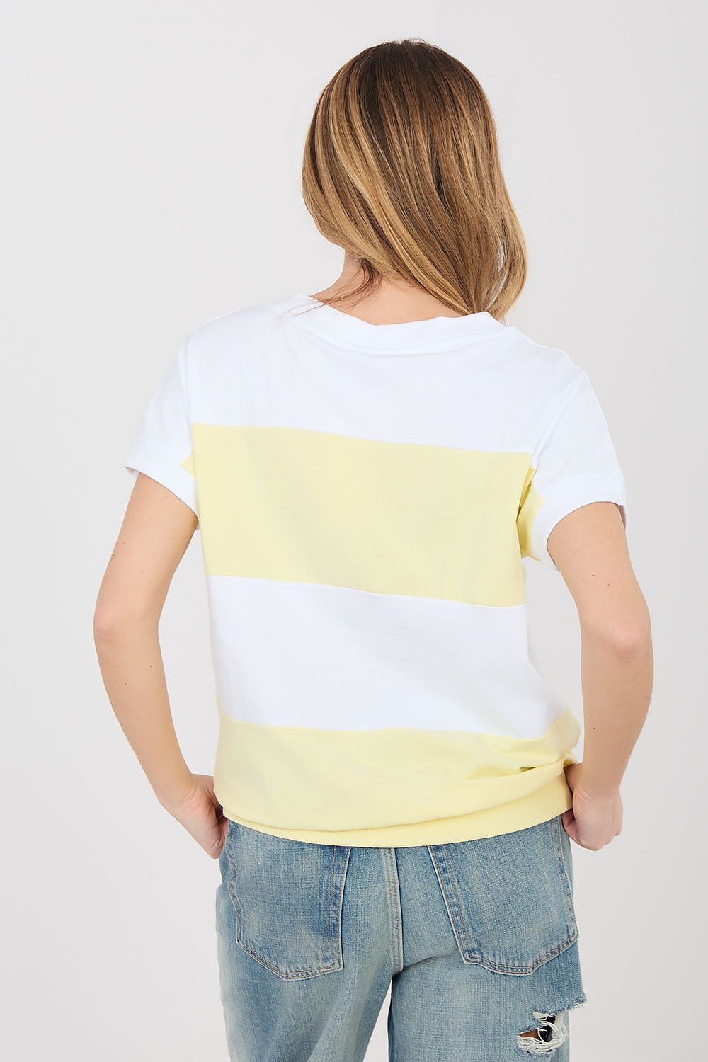 Damen streifen Shirt mit V-Ausschnitt von Relevance gelb Rückseite