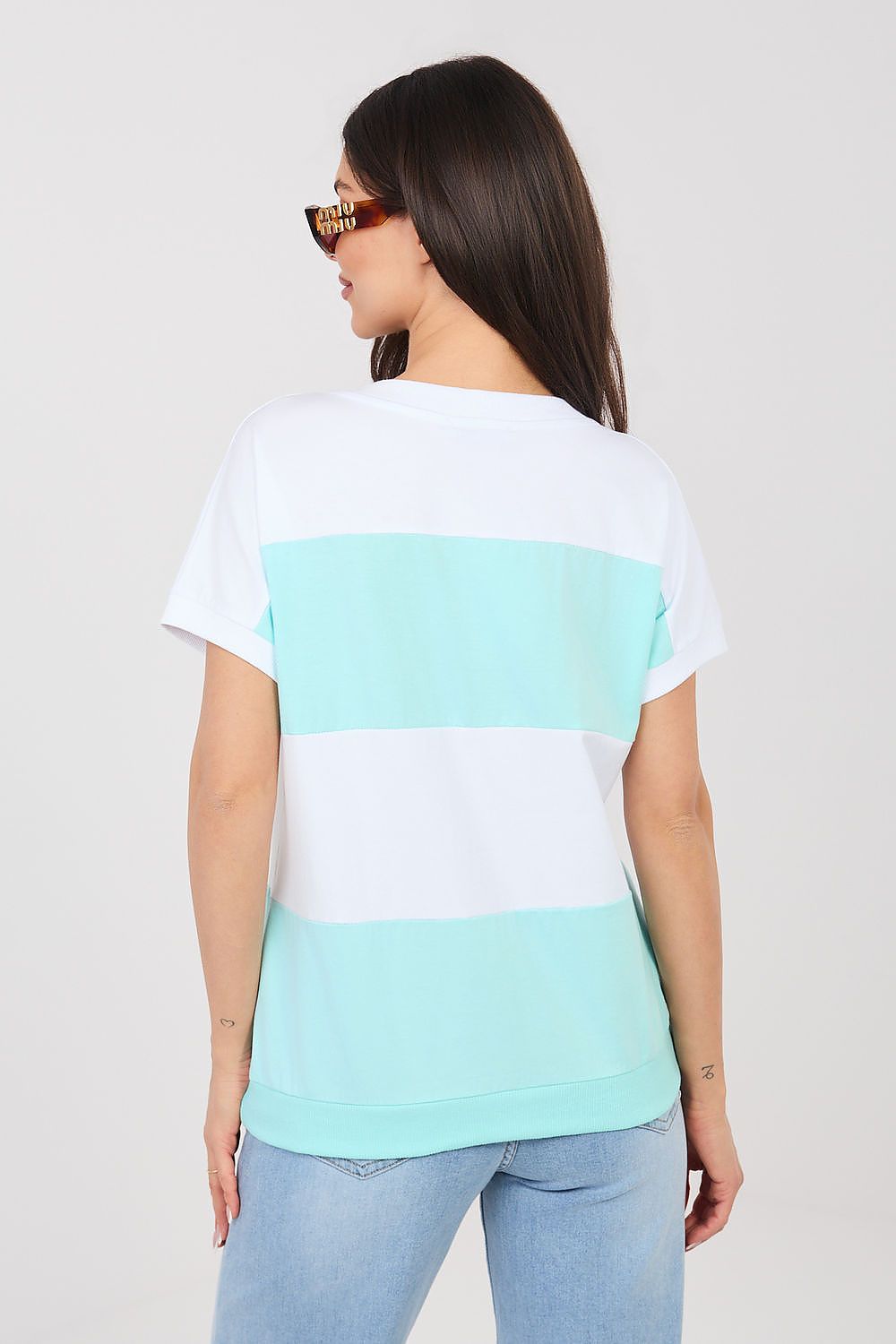 Damen streifen Shirt mit V-Ausschnitt von Relevance grün Rückseite