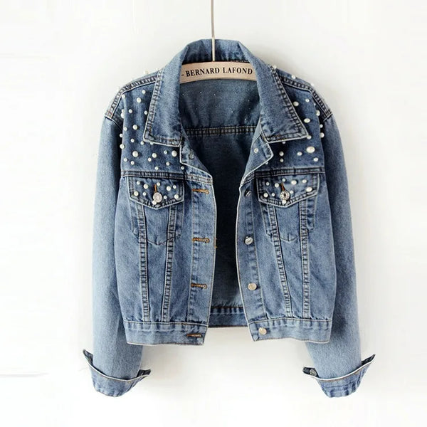 Denim Jeans Jacke mit Perlen für Damen
