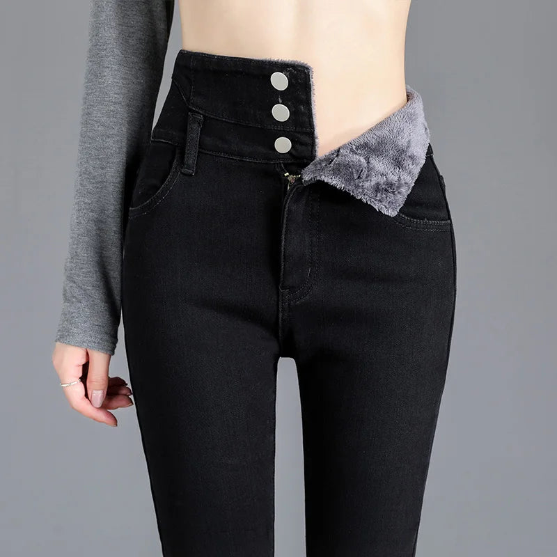 Damen Thermo High Waist Röhrenjeans innen mit Fleece
