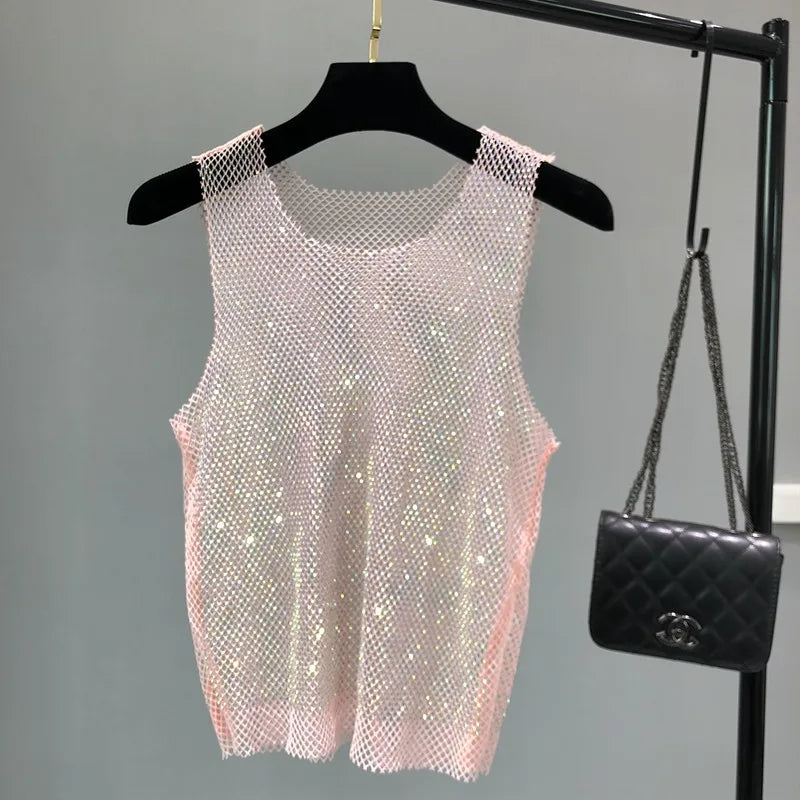 Sexy Strass-Look! Glitzernder Party-Top, Perlen mit Strass-Detail für Damen, Herren