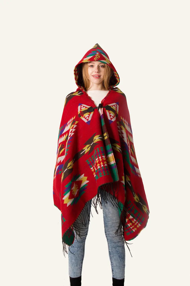 Damen Ethnischer Multifunktions-Böhmen-Schal, Tribal-Fransen-Kapuzenpullover, Umhang, Poncho-Mantel