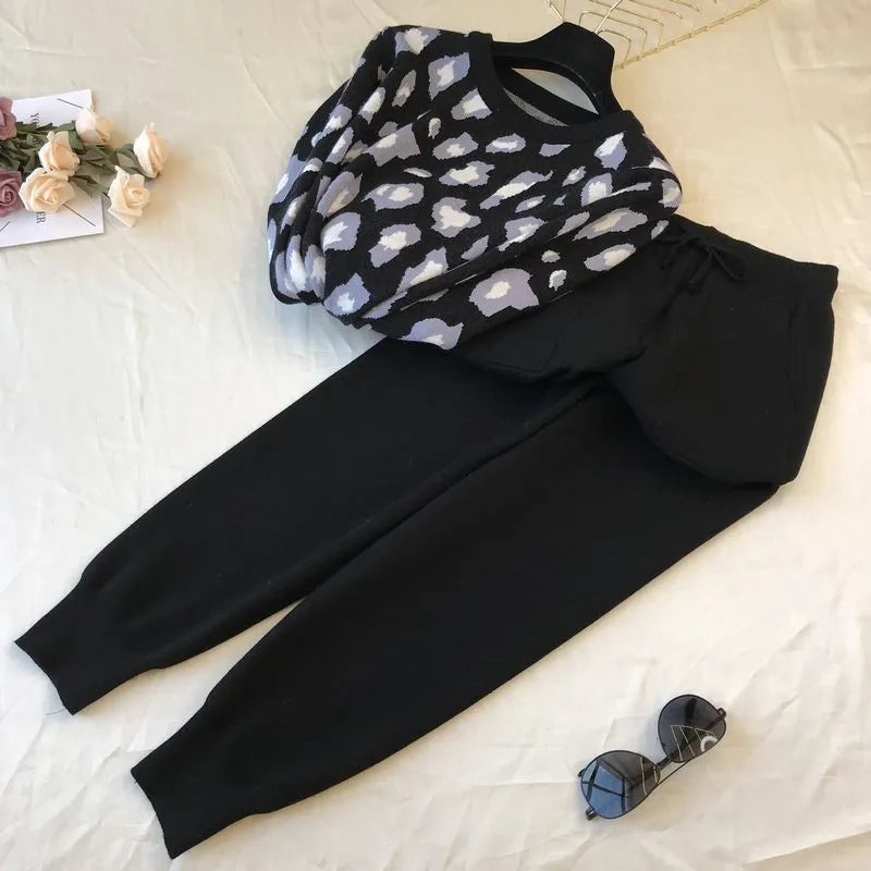 Damen 2-teiliges Leopard Strick Hose Pullover Anzug Set