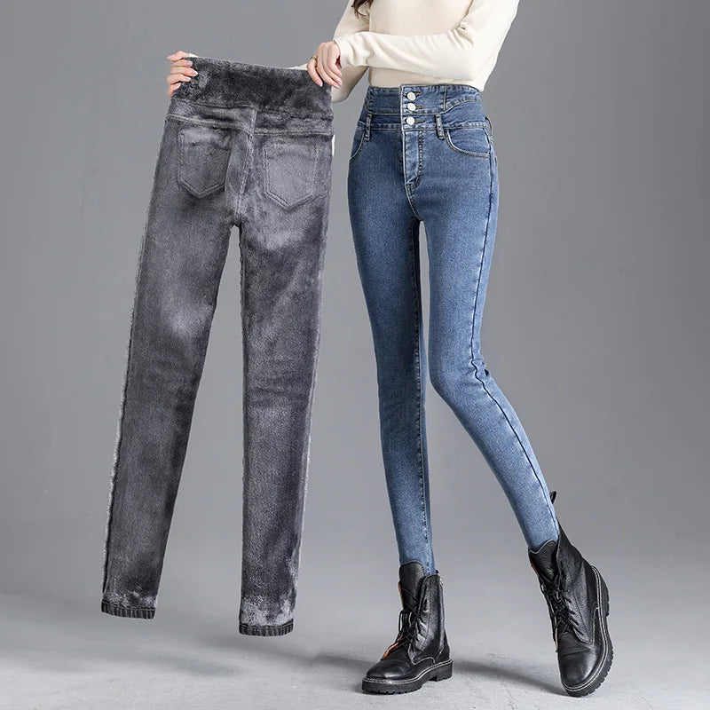 Jean skinny chaud taille haute en molleton épais pour grosses femmes, hiver